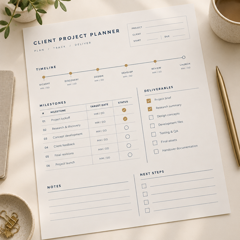 Printed client project planner page with a milestone timeline and deliverables checklist