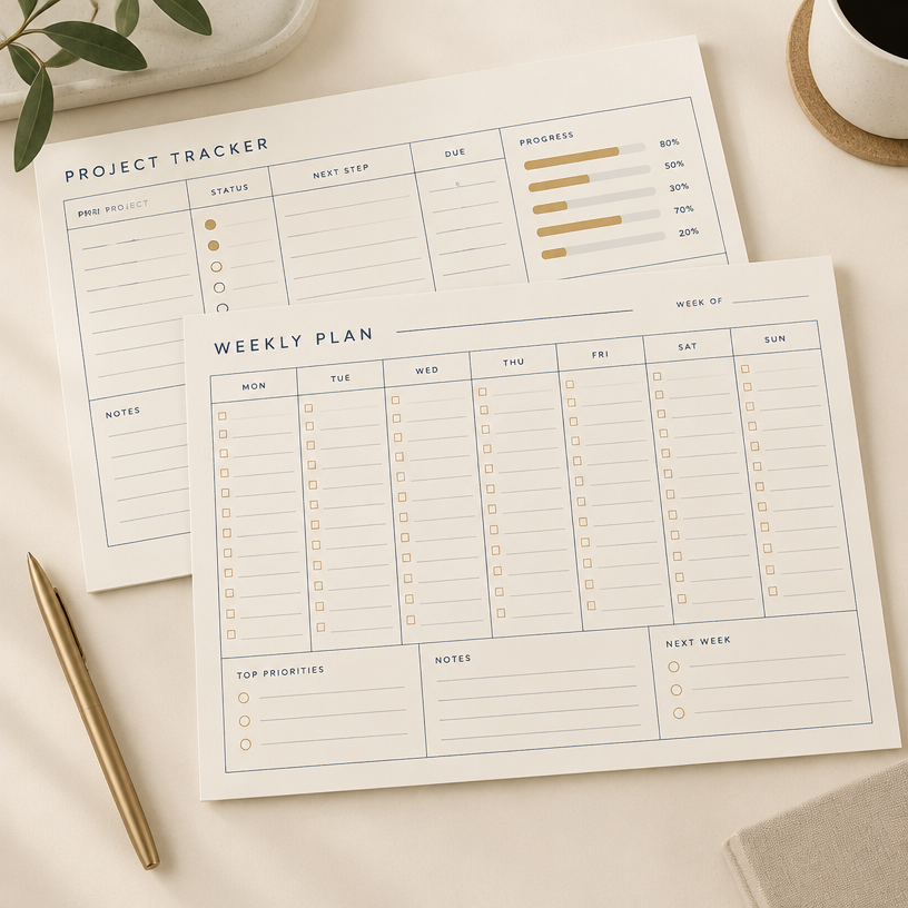 Two printed planner pages fanned together showing the full Paperlane Studio template bundle