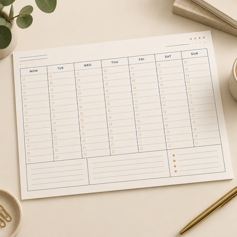 Printed weekly planner page with a ruled seven-day grid in navy and gold
